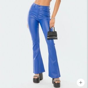 Edikted Luna Faux Leather Flare Jeans in Blue Size L